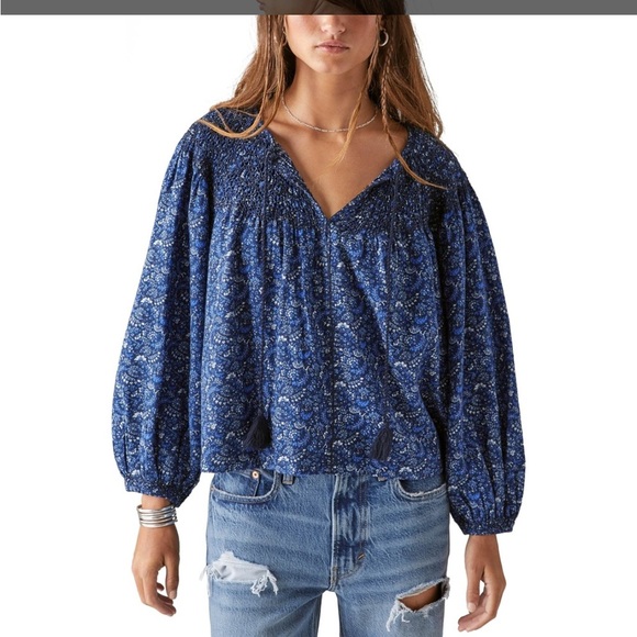 Lucky Brand Womens Top Size M Blue Paisley Floral Oversized Baggy Boho - Picture 1 of 8